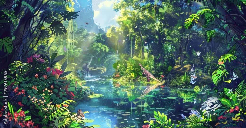 A lush rainforest with exotic animals and trees A lush rainforest with exotic animals and trees