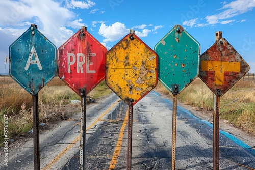 A desolate road sets the scene for a lineup of aged road signs, each displaying a single, weathered letter