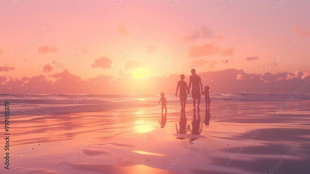 A happy family is walking along the beach in the summer vacation evening.