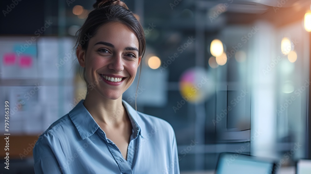 Fototapeta premium Happy Woman with Project Plan in Blurred Conference Room, Woman, project plan, blurred