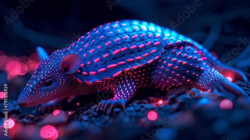 A colorful, glowing, and spiky animal with a pink and blue shell photo
