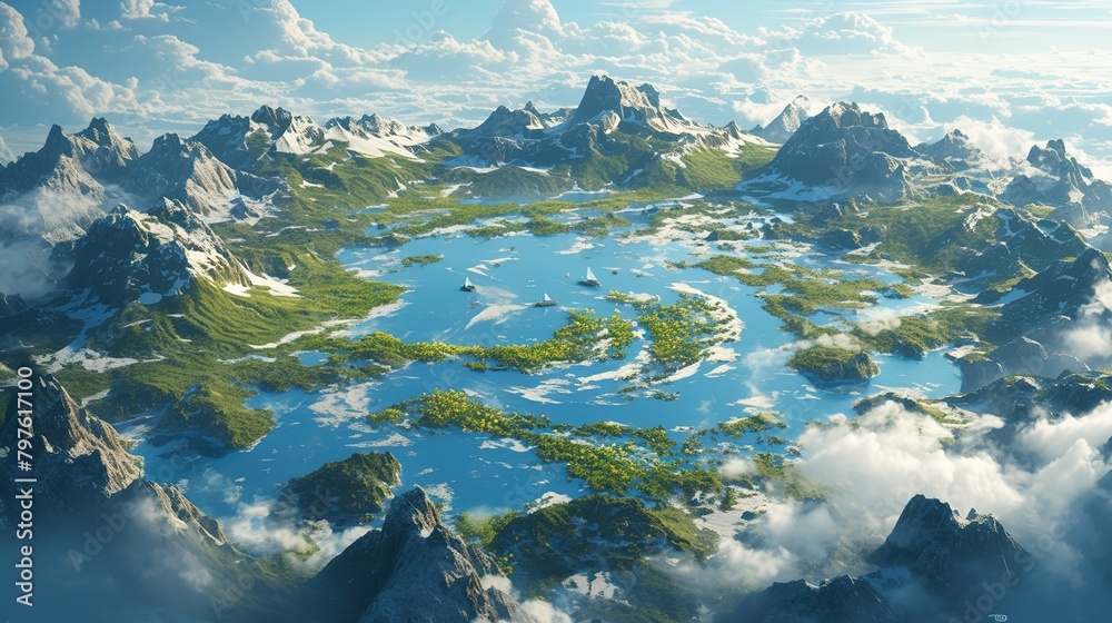 A lake in the shape of the world's continents in the middle of untouched nature. A metaphor for ecological travel, conservation, climate change, global warming and the fragility of nature.3d  