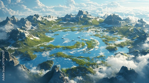 A lake in the shape of the world's continents in the middle of untouched nature. A metaphor for ecological travel, conservation, climate change, global warming and the fragility of nature.3d   photo