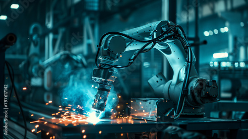 Industrial Robot Arm Welding in Manufacturing Plant at Night