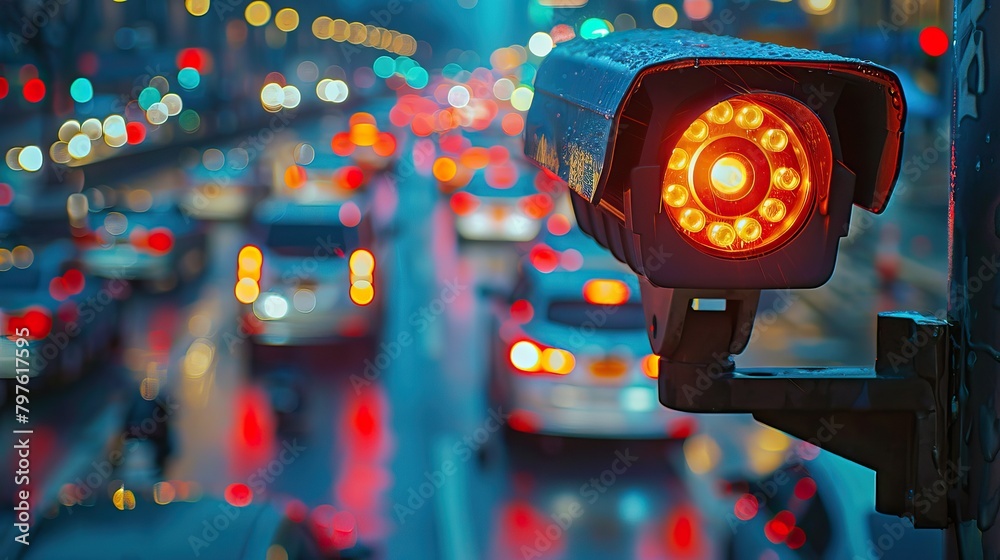 Obraz premium City Traffic Surveillance Camera: Evening Traffic Monitoring