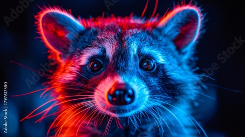 A raccoon with a red nose and black eyes is staring at the camera © hakule