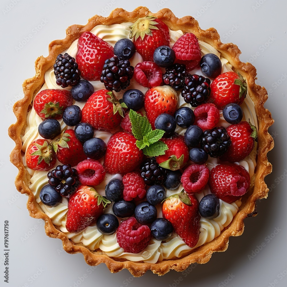 Obraz premium A close-up image of a delicious-looking mixed berry tart with a buttery crust.