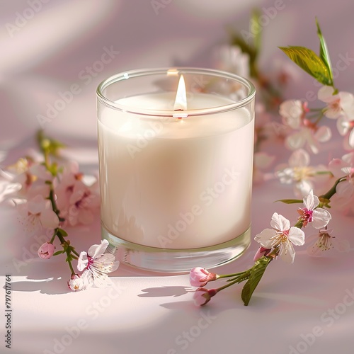 A lit candle in a glass jar with cherry blossoms.