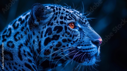 A blue and white tiger with red eyes stares at the camera