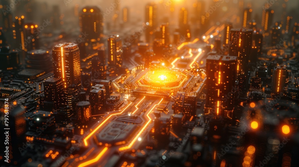 Cityscape with glowing neon computer chips in the center