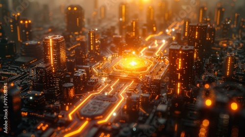Cityscape with glowing neon computer chips in the center