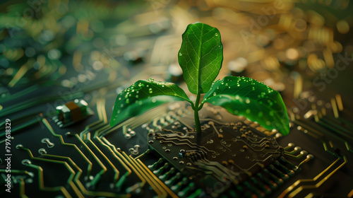 Green Plant Sprouting from Circuit Board Representing Eco Technology