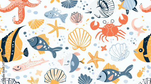 Summer sea pattern. Cute fish seagull crab seashells.