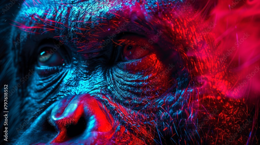 A close up of a gorilla's face with a blue and red background