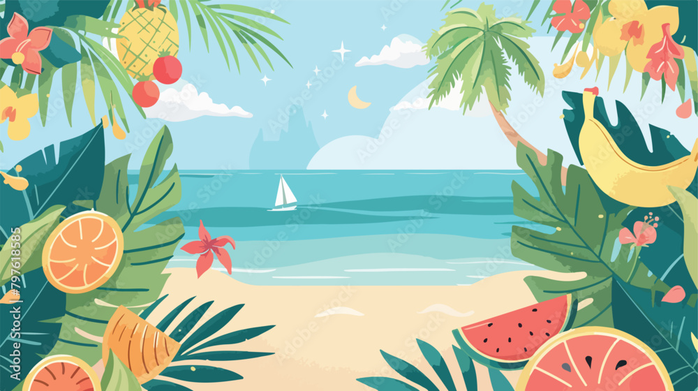 Summer time card with fruits character beach landscape