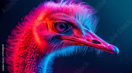 A close up of a colorful ostrich with a red eye