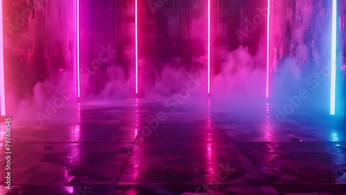 Futuristic neon party room interior, Vibrant purple and blue future rave lights in moody sci-fi ambience smoke fog filled floor