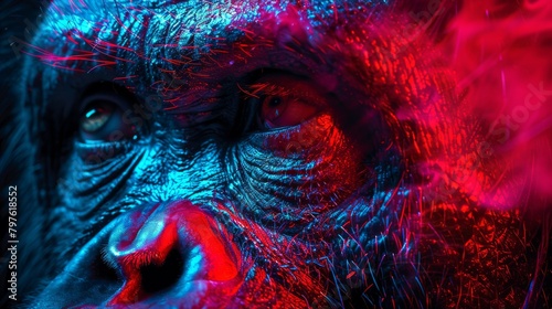 A close up of a gorilla's face with a blue and red background