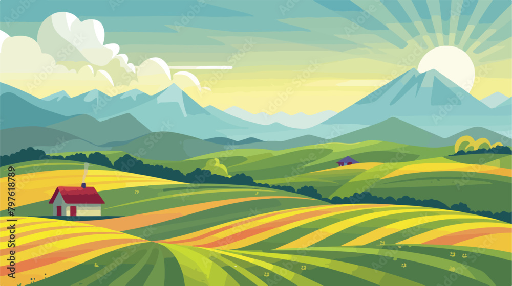 Sunny landscape rural scene with fields mountains 