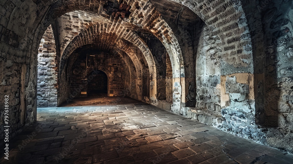 Atmospheric medieval stone corridor with arched ceilings