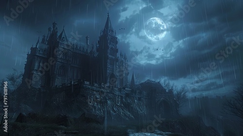 Mysterious gothic castle under a full moon on a rainy night