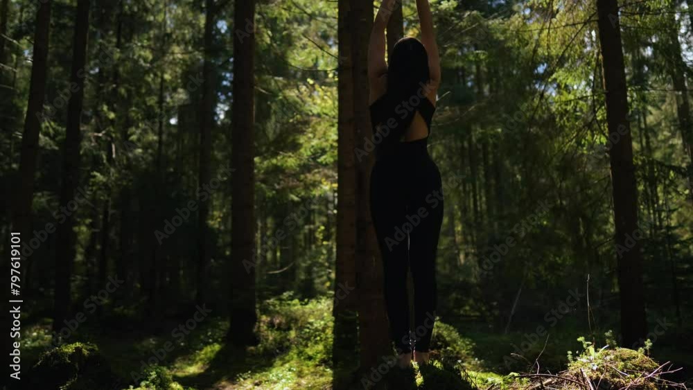 A young woman does yoga and meditates in the forest. Yoga and meditation concept. Yoga asanas. 4K A young woman does yoga and meditates in the forest. Yoga and meditation concept. Yoga asanas. 4K