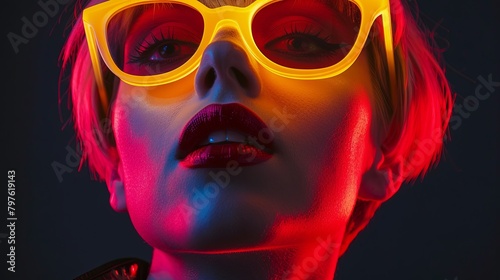 Vibrant portrait of stylish young woman with neon lights and trendy glasses