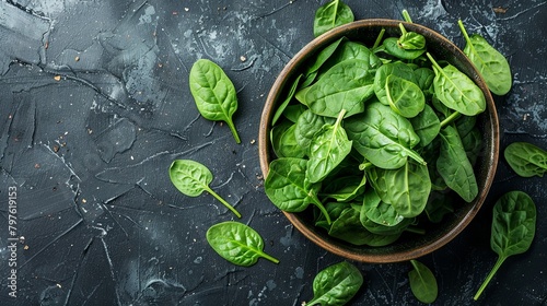 Fresh spinach leaves in a bowl on dark textured background