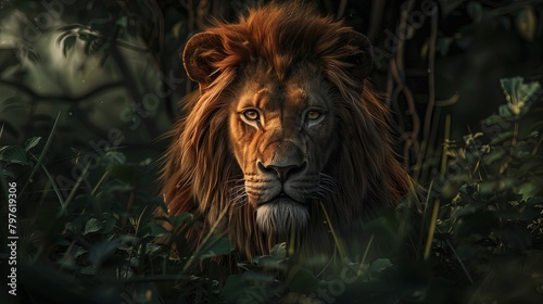 Majestic lion portrait in the wild at dusk