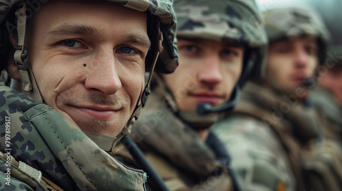 Close-up portrait of smiling young adult soldier with comrades in camouflage