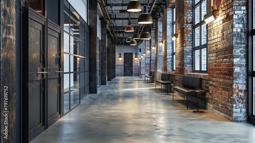 Industrial Style Business Foyer with Exposed Brick Walls and Concrete Floors