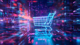 Digital Shopping Cart on Futuristic Neon Circuit Board Background