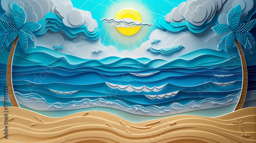 Fototapeta Naklejka Na Ścianę i Meble -  Geometric fractal beach with golden sand and blue sea 3D