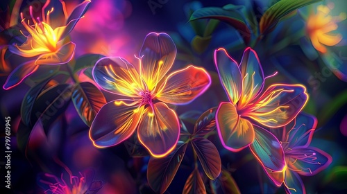 Luminous digital flowers in neon colors with abstract background