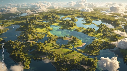 A lake in the shape of the world's continents in the middle of untouched nature. A metaphor for ecological travel, conservation, climate change, global warming and the fragility of nature.3d 
