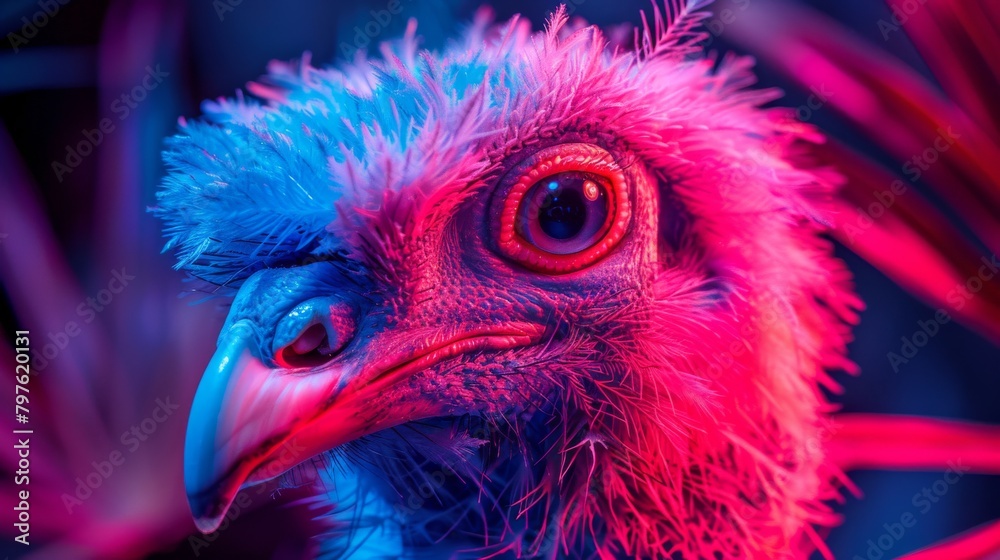 A colorful bird with a pinkish hue is staring at the camera