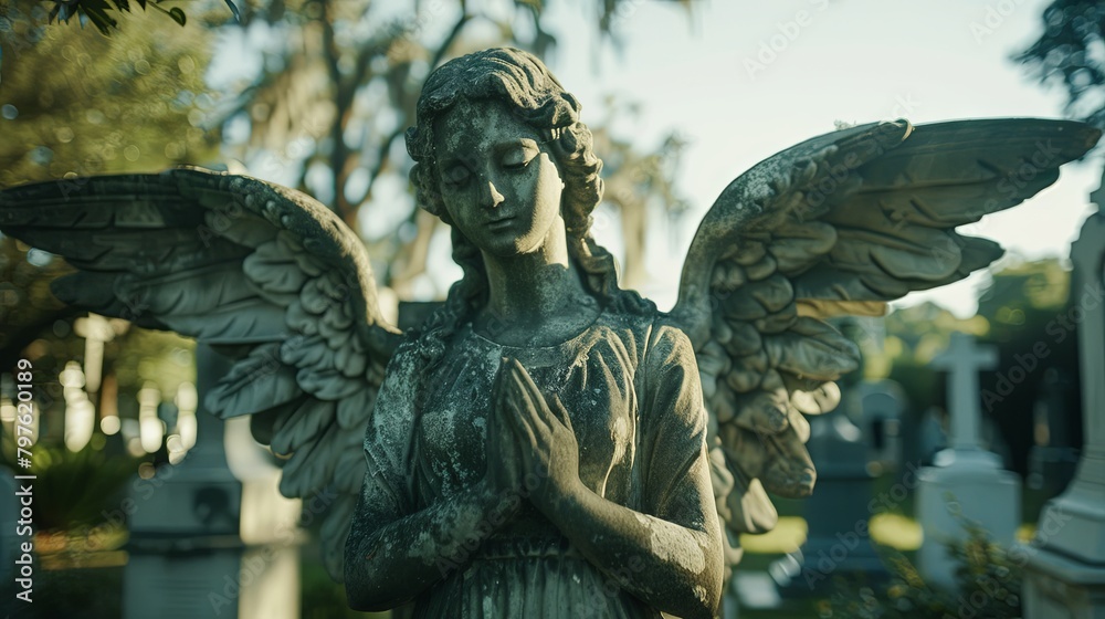 Fototapeta premium Serene angel statue in peaceful cemetery setting