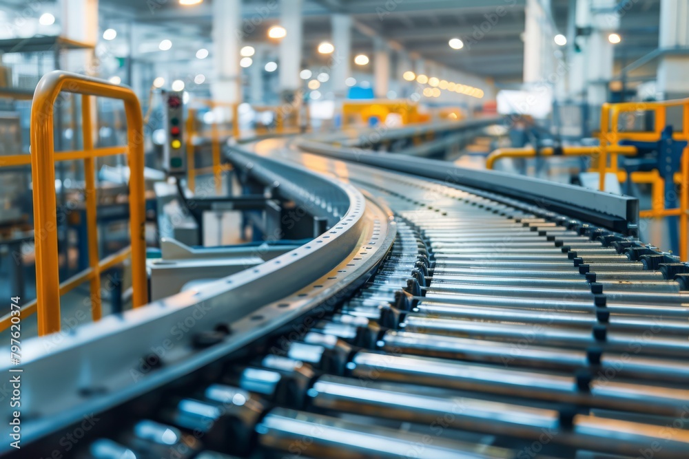 Conveyor belt system transporting goods in a modern factory