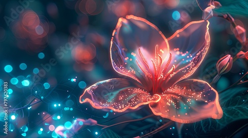 Luminescent digital flower on a neon background