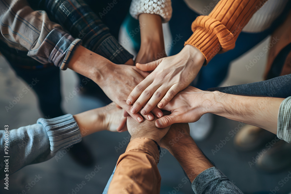 a group of people with their hands together, team collaboration, team building