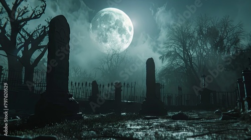 Moonlit cemetery at night with eerie atmosphere