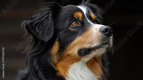 A dog with a black and brown coat and white fur
