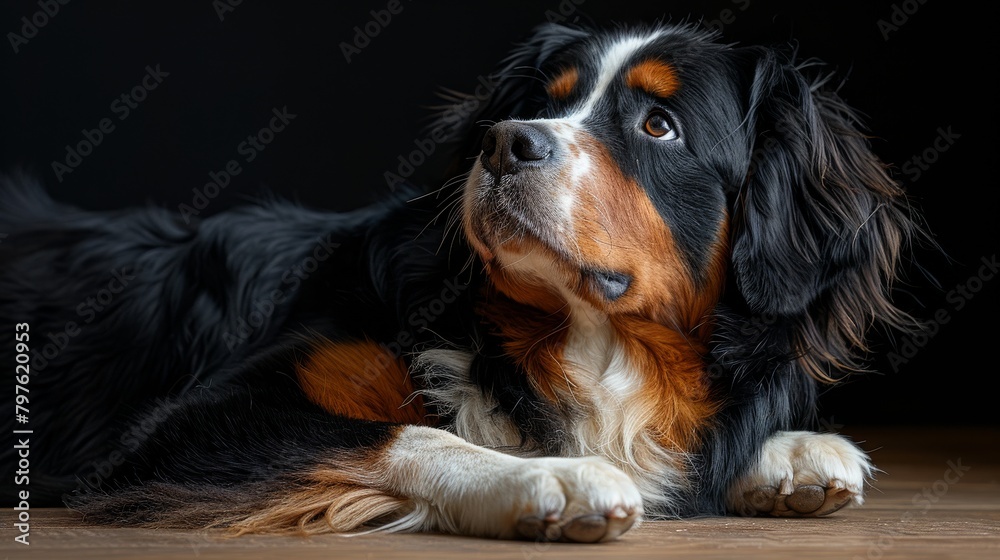 A dog with brown and white fur is staring at the camera