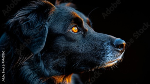 A black dog with a yellow eye is staring at the camera