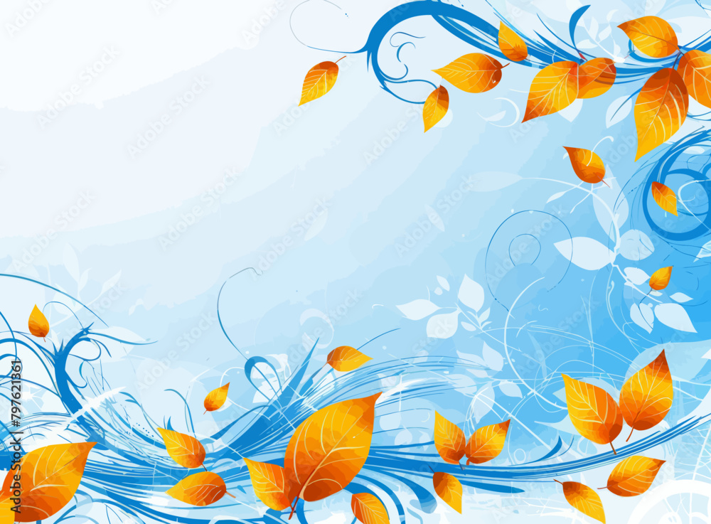 a blue background with yellow leaves and swirls