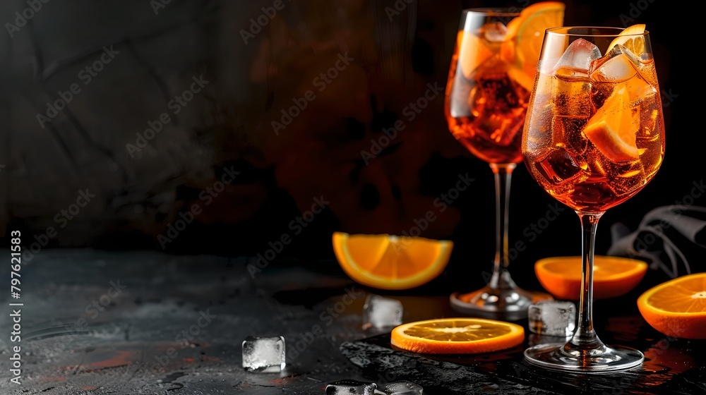 Elegant aperitif drinks in wine glasses on dark backdrop. Contemporary beverage photography with a citrus twist. Ideal for menus and advertising. Stylish cocktail presentation. AI