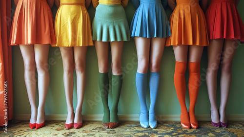 group of a women in a short skirts and long legs wearing stockings in different colors
