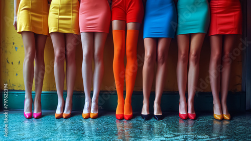 group of a women in a short skirts and long legs wearing stockings in different colors