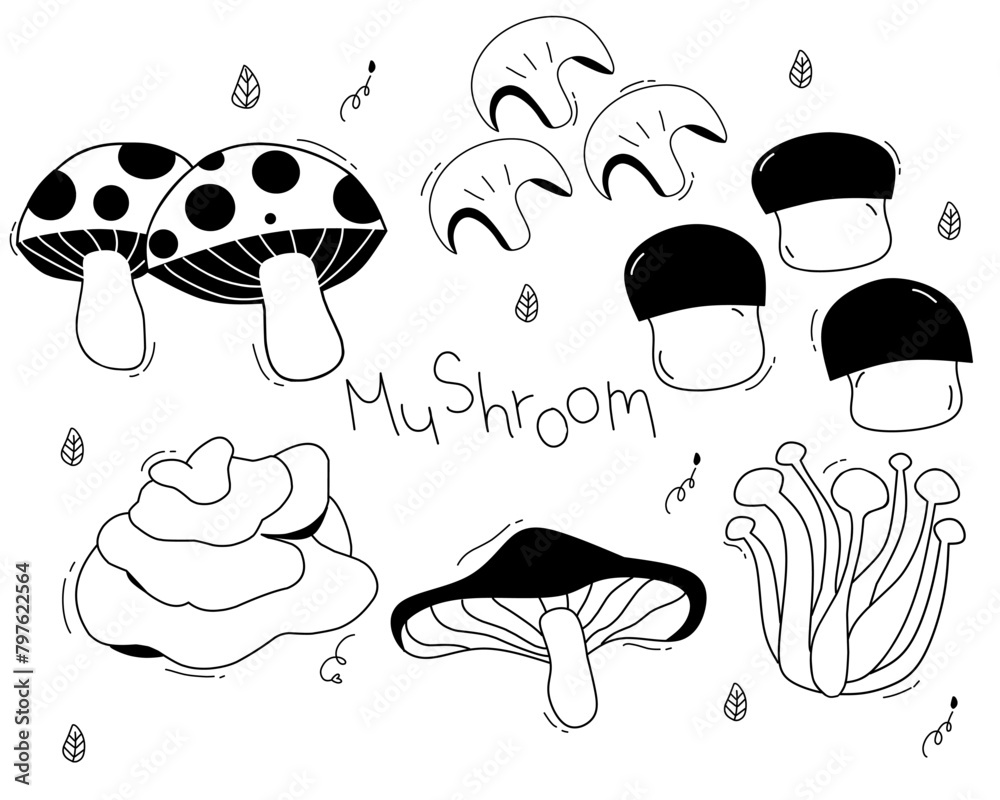 Set of mushroom line art vector kawaii Set of mushroom line art vector kawaii