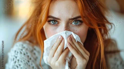 A young red hair woman holds a tissue to her nose, and appears to be sick, coughing or sneezing